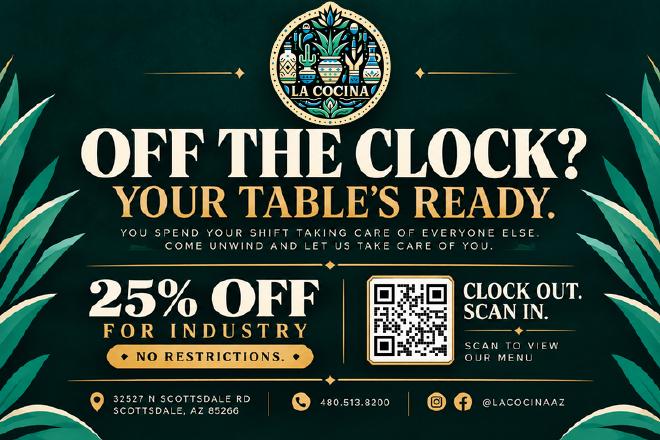 La Cocina Industry night, 25% off card, back