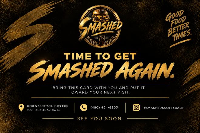 Smashed Burgers & Cocktails $20 round two card, back