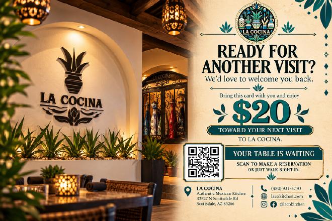 La Cocina $20 come-back offer card, back