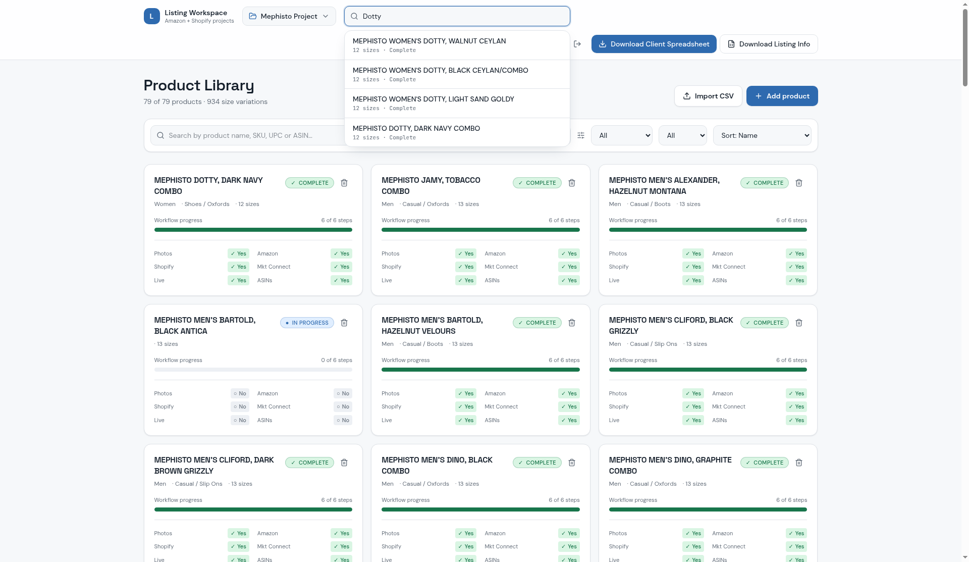 Product library in light mode with instant search results for Dotty.